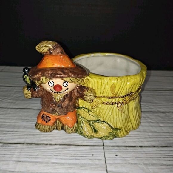 Scarecrow Halloween Planter E-6573 Vintage Hand Painted Planter Pen Candy Holder - Picture 3 of 12